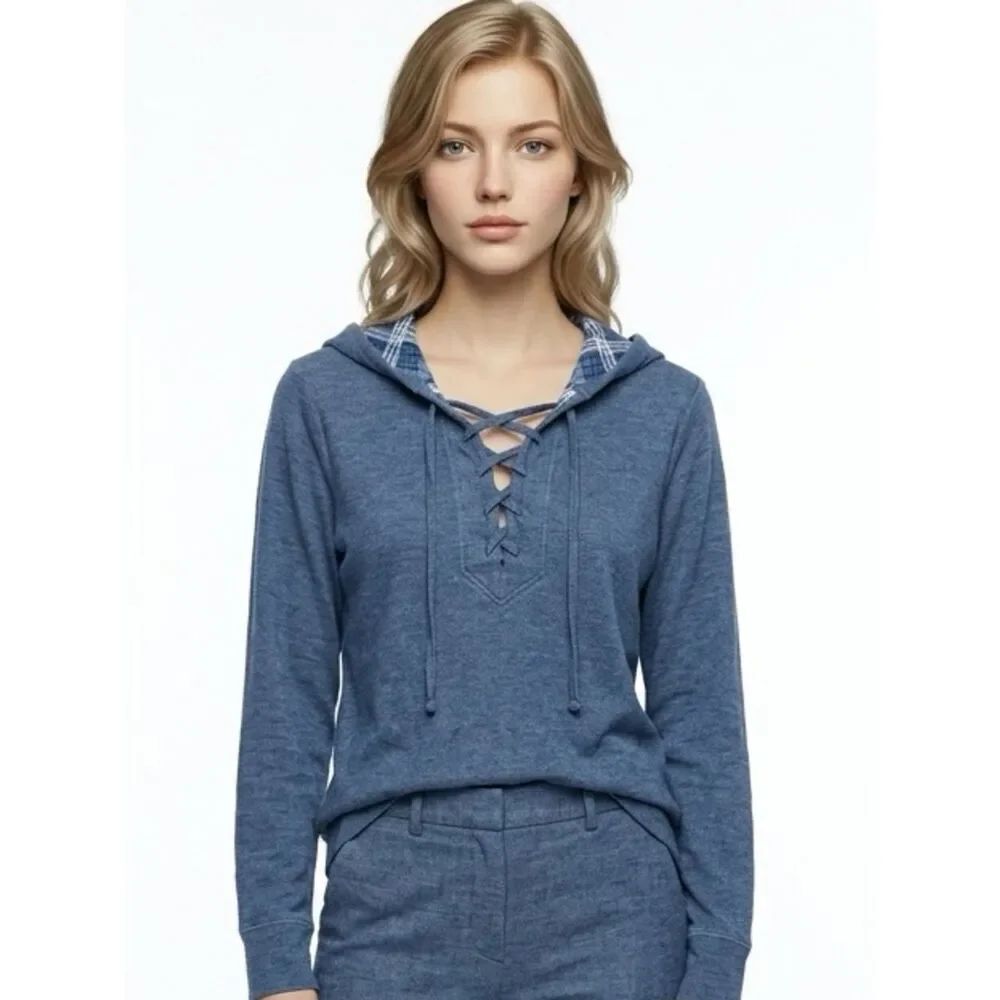 CLOTH & STONE | Navy Blue Lace Up Hooded Top Plaid Accents Women’s Size X-Small